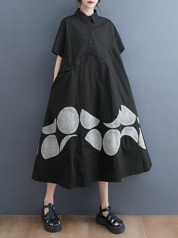 A-Line Oversize Ethnic Printed Contrast Color Printed Split-Joint Lapel Midi Dresses Shirt Dress