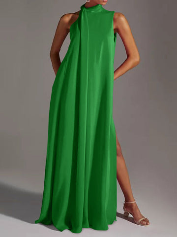 Sleeveless Solid Color Split-Side Round-Neck Maxi Dresses