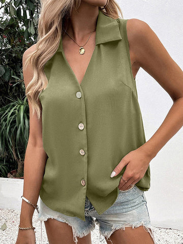 Buttoned Solid Color Split-Joint Loose Sleeveless V-neck Vest Top