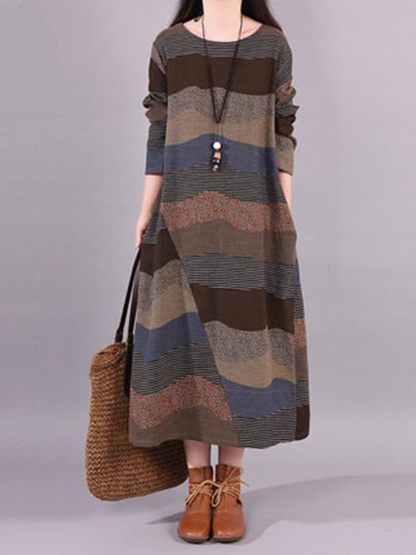 Artistic Retro Loose Ramie Cotton Striped Multi-Colored Round-Neck Long Sleeves Midi Dress