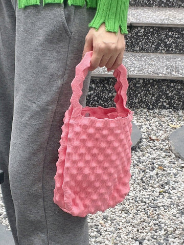 Solid Color Split-Joint Woven Handbag