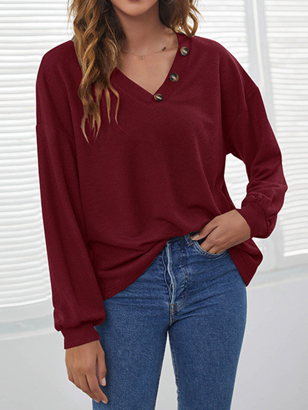 Buttoned Long Sleeves Loose V-Neck T-Shirts Tops