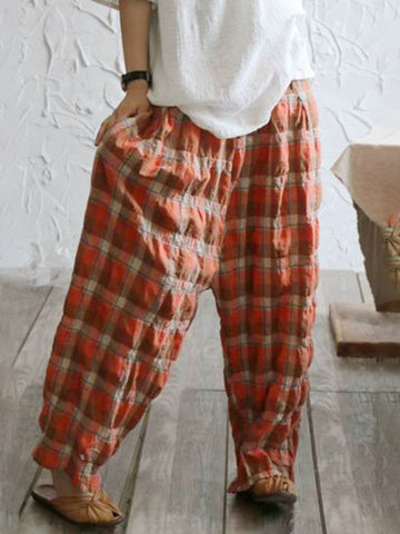 Casual Ramie Cotton Plaid Wide Leg Loose Pants