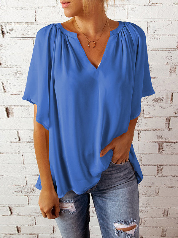 Simple Casual Solid Color Loose Pleated Half Sleeves T-Shirt Top