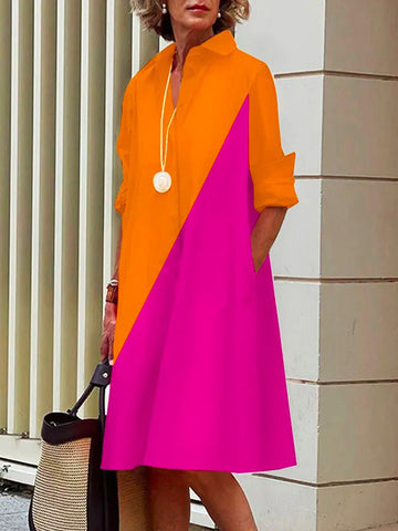 Stylish Selection Long Sleeves Contrast Color Lapel Midi Dresses