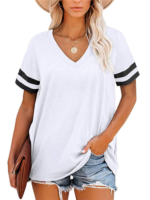 Contrast Color Striped Loose Short Sleeves V-Neck T-Shirts