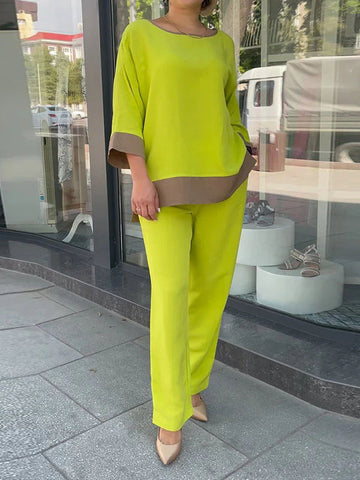 Loose Split-Side Three-Quarter Sleeves Contrast Color Round-Neck Shirts Top + Pants Bottom Two Pieces Set