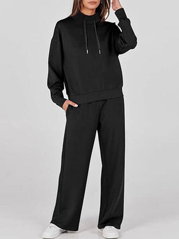 Drawstring Split-Joint High Waisted Long Sleeves Sweatshirt + Pants/Trousers Two Pieces Set