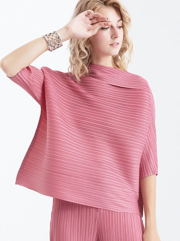 Original Pleated Solid Color Lapel Collar T-Shirt Top