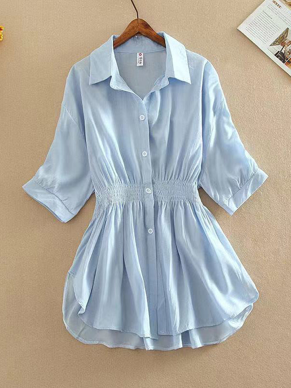 Buttoned Pleated Solid Color High-Low Loose Lapel Blouses&Shirts Tops