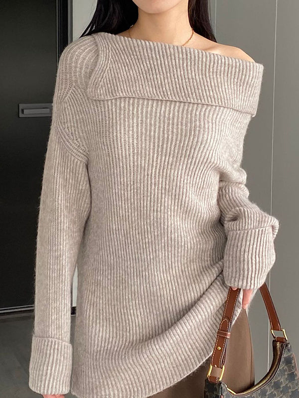 Solid Color Long Sleeves Loose Off-the-shoulder Sweater Pullovers Knitwear