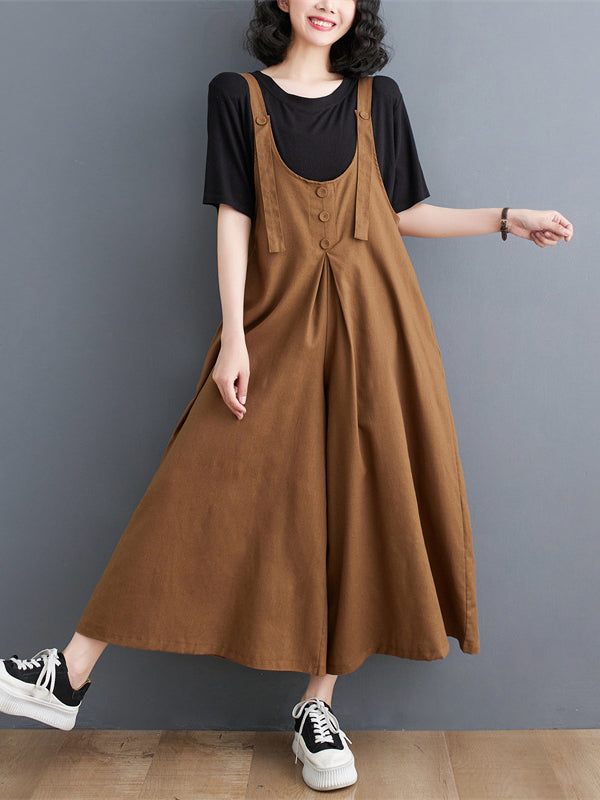 Buttoned Solid Color Ninth Pants Wide Leg Spaghetti-Neck Overalls