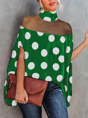 Trendy Batwing Sleeves Polka-Dot See-Through High-Neck Blouses&Shirts Tops