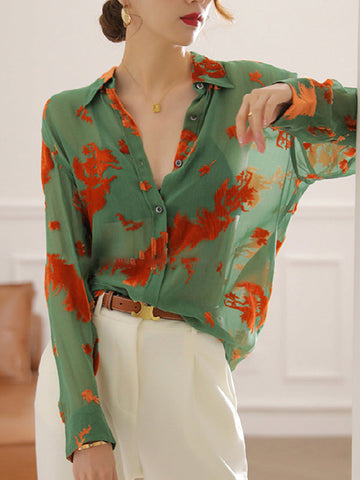 Printed See-Through Long Sleeves Lapel Blouses&shirts Tops