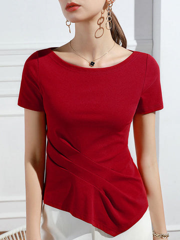 Pleated Solid Color Irregular clipping Short Sleeves Round-neck T-Shirts Tops