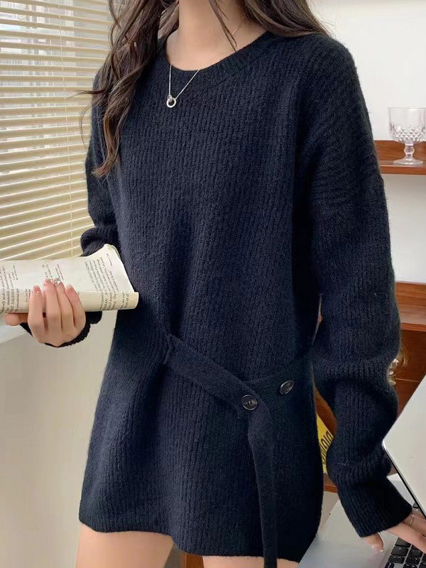 Casual Long Sleeves Loose Solid Color Round-Neck Sweater Tops