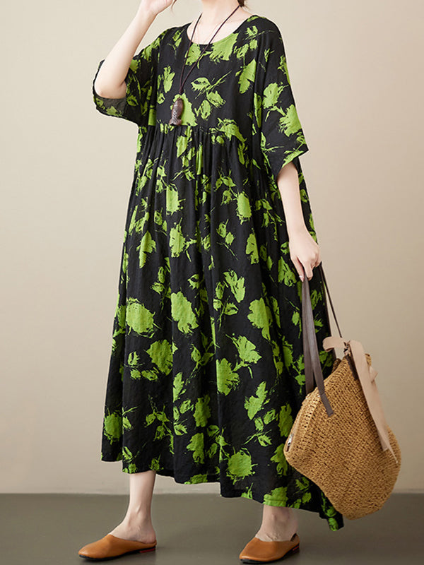 Floral Pleated Loose Round-neck Midi Dresses